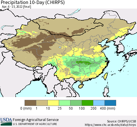 China, Mongolia and Taiwan Precipitation 10-Day (CHIRPS) Thematic Map For 4/6/2022 - 4/15/2022