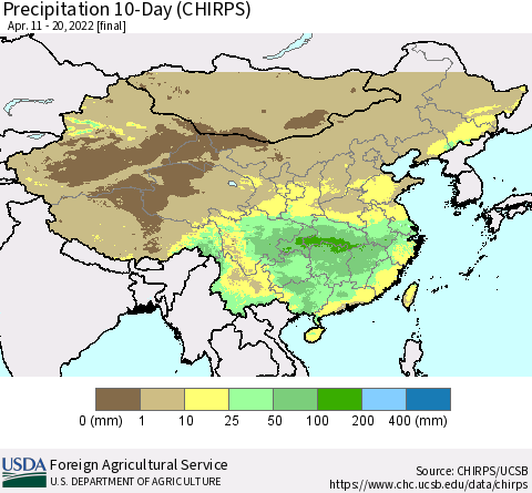 China, Mongolia and Taiwan Precipitation 10-Day (CHIRPS) Thematic Map For 4/11/2022 - 4/20/2022