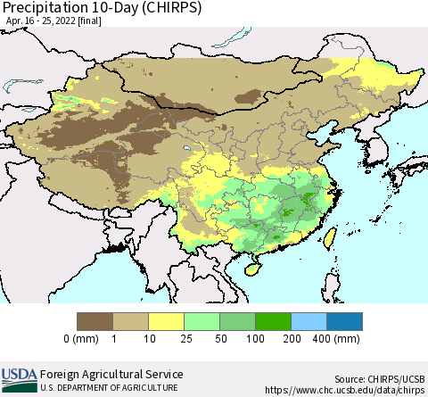 China, Mongolia and Taiwan Precipitation 10-Day (CHIRPS) Thematic Map For 4/16/2022 - 4/25/2022