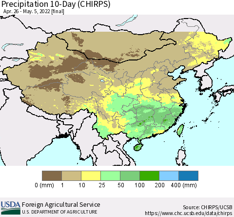 China, Mongolia and Taiwan Precipitation 10-Day (CHIRPS) Thematic Map For 4/26/2022 - 5/5/2022