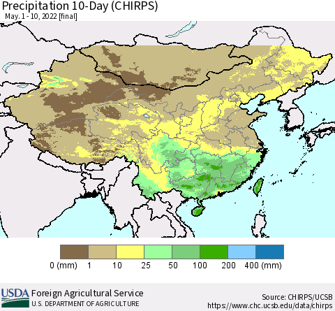 China, Mongolia and Taiwan Precipitation 10-Day (CHIRPS) Thematic Map For 5/1/2022 - 5/10/2022