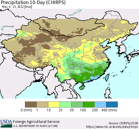China, Mongolia and Taiwan Precipitation 10-Day (CHIRPS) Thematic Map For 5/6/2022 - 5/15/2022