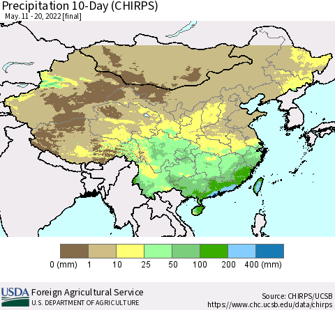 China, Mongolia and Taiwan Precipitation 10-Day (CHIRPS) Thematic Map For 5/11/2022 - 5/20/2022