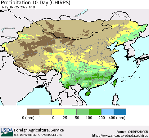 China, Mongolia and Taiwan Precipitation 10-Day (CHIRPS) Thematic Map For 5/16/2022 - 5/25/2022