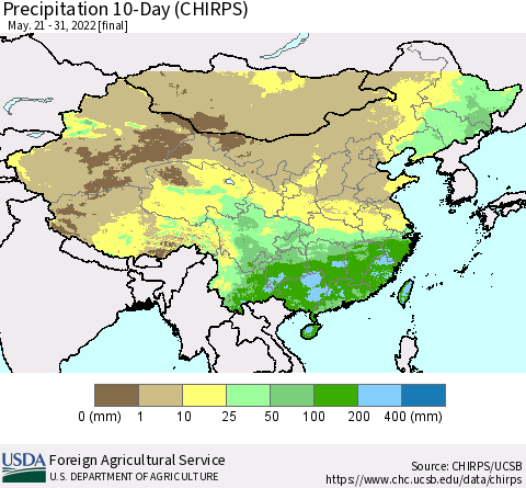 China, Mongolia and Taiwan Precipitation 10-Day (CHIRPS) Thematic Map For 5/21/2022 - 5/31/2022