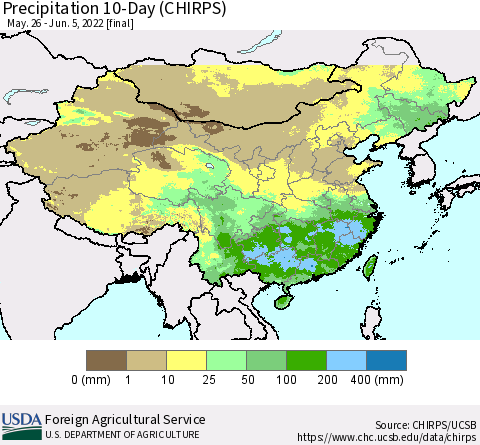 China, Mongolia and Taiwan Precipitation 10-Day (CHIRPS) Thematic Map For 5/26/2022 - 6/5/2022