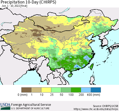 China, Mongolia and Taiwan Precipitation 10-Day (CHIRPS) Thematic Map For 6/1/2022 - 6/10/2022