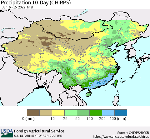 China, Mongolia and Taiwan Precipitation 10-Day (CHIRPS) Thematic Map For 6/6/2022 - 6/15/2022