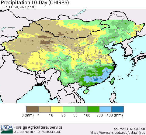 China, Mongolia and Taiwan Precipitation 10-Day (CHIRPS) Thematic Map For 6/11/2022 - 6/20/2022