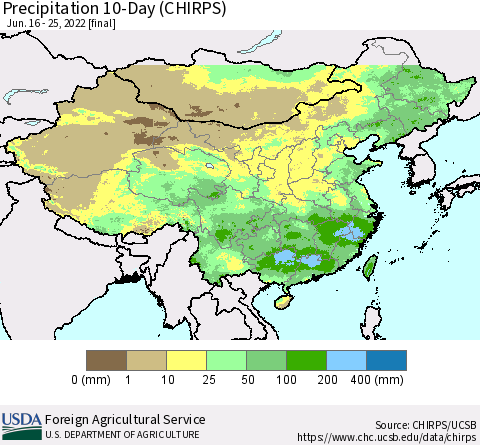 China, Mongolia and Taiwan Precipitation 10-Day (CHIRPS) Thematic Map For 6/16/2022 - 6/25/2022