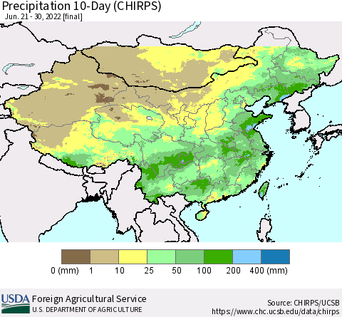 China, Mongolia and Taiwan Precipitation 10-Day (CHIRPS) Thematic Map For 6/21/2022 - 6/30/2022