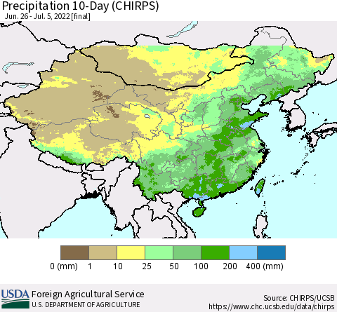 China, Mongolia and Taiwan Precipitation 10-Day (CHIRPS) Thematic Map For 6/26/2022 - 7/5/2022