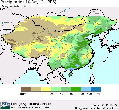 China, Mongolia and Taiwan Precipitation 10-Day (CHIRPS) Thematic Map For 7/1/2022 - 7/10/2022