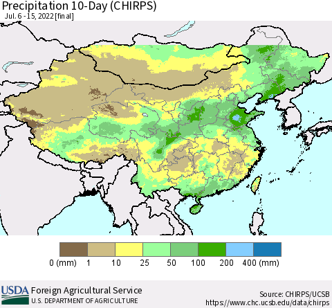 China, Mongolia and Taiwan Precipitation 10-Day (CHIRPS) Thematic Map For 7/6/2022 - 7/15/2022