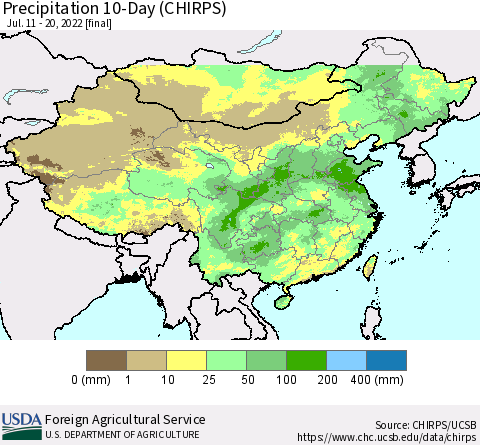 China, Mongolia and Taiwan Precipitation 10-Day (CHIRPS) Thematic Map For 7/11/2022 - 7/20/2022