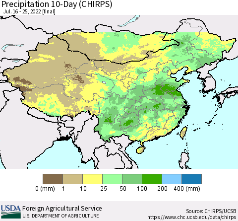 China, Mongolia and Taiwan Precipitation 10-Day (CHIRPS) Thematic Map For 7/16/2022 - 7/25/2022