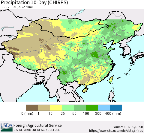 China, Mongolia and Taiwan Precipitation 10-Day (CHIRPS) Thematic Map For 7/21/2022 - 7/31/2022