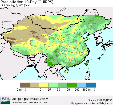 China, Mongolia and Taiwan Precipitation 10-Day (CHIRPS) Thematic Map For 7/26/2022 - 8/5/2022