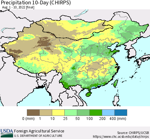 China, Mongolia and Taiwan Precipitation 10-Day (CHIRPS) Thematic Map For 8/1/2022 - 8/10/2022