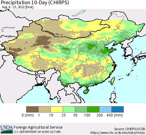 China, Mongolia and Taiwan Precipitation 10-Day (CHIRPS) Thematic Map For 8/6/2022 - 8/15/2022