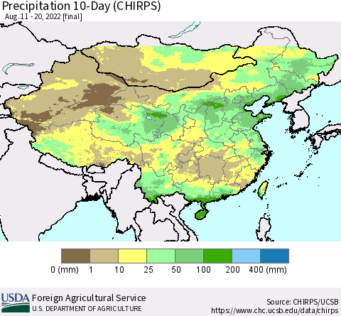 China, Mongolia and Taiwan Precipitation 10-Day (CHIRPS) Thematic Map For 8/11/2022 - 8/20/2022