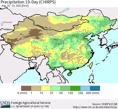China, Mongolia and Taiwan Precipitation 10-Day (CHIRPS) Thematic Map For 8/16/2022 - 8/25/2022