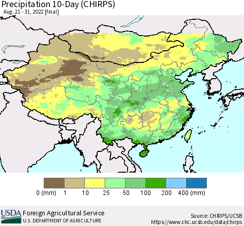China, Mongolia and Taiwan Precipitation 10-Day (CHIRPS) Thematic Map For 8/21/2022 - 8/31/2022