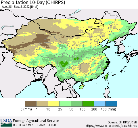 China, Mongolia and Taiwan Precipitation 10-Day (CHIRPS) Thematic Map For 8/26/2022 - 9/5/2022
