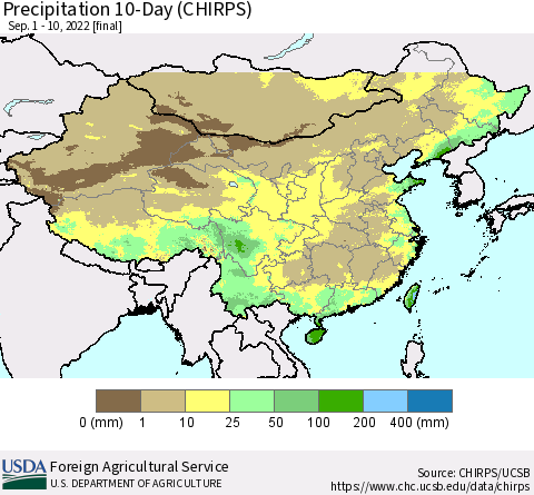 China, Mongolia and Taiwan Precipitation 10-Day (CHIRPS) Thematic Map For 9/1/2022 - 9/10/2022