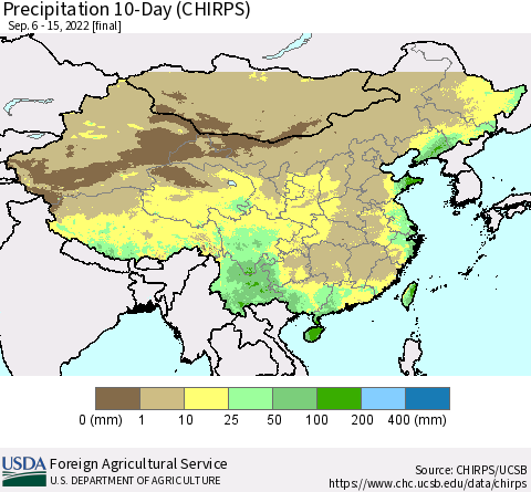 China, Mongolia and Taiwan Precipitation 10-Day (CHIRPS) Thematic Map For 9/6/2022 - 9/15/2022