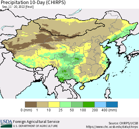 China, Mongolia and Taiwan Precipitation 10-Day (CHIRPS) Thematic Map For 9/11/2022 - 9/20/2022