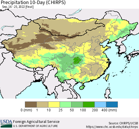 China, Mongolia and Taiwan Precipitation 10-Day (CHIRPS) Thematic Map For 9/16/2022 - 9/25/2022