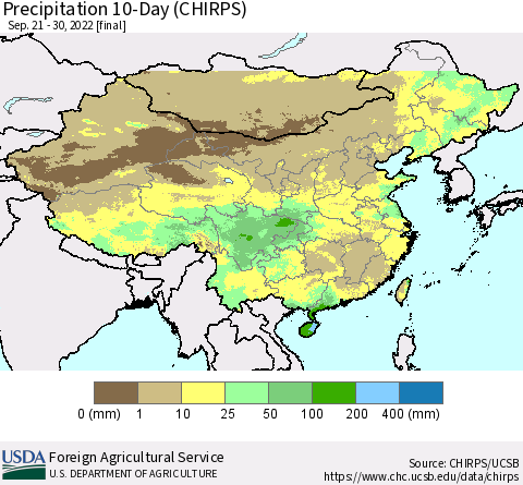 China, Mongolia and Taiwan Precipitation 10-Day (CHIRPS) Thematic Map For 9/21/2022 - 9/30/2022
