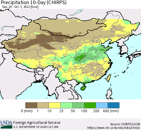 China, Mongolia and Taiwan Precipitation 10-Day (CHIRPS) Thematic Map For 9/26/2022 - 10/5/2022