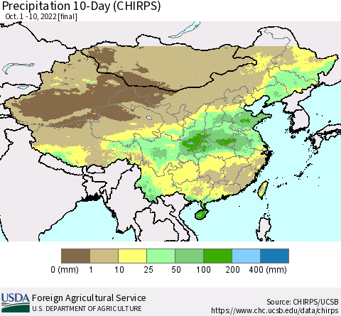 China, Mongolia and Taiwan Precipitation 10-Day (CHIRPS) Thematic Map For 10/1/2022 - 10/10/2022