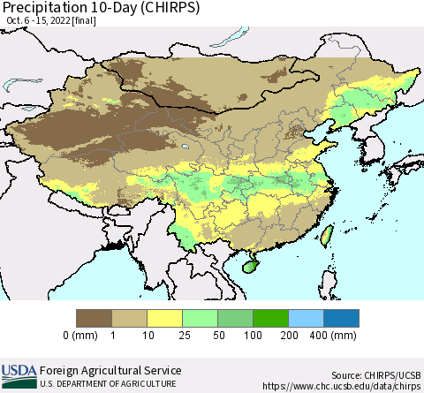China, Mongolia and Taiwan Precipitation 10-Day (CHIRPS) Thematic Map For 10/6/2022 - 10/15/2022