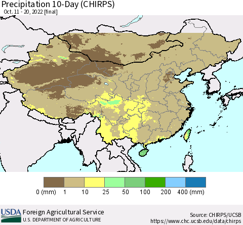 China, Mongolia and Taiwan Precipitation 10-Day (CHIRPS) Thematic Map For 10/11/2022 - 10/20/2022