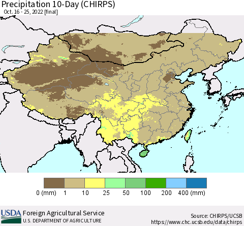 China, Mongolia and Taiwan Precipitation 10-Day (CHIRPS) Thematic Map For 10/16/2022 - 10/25/2022