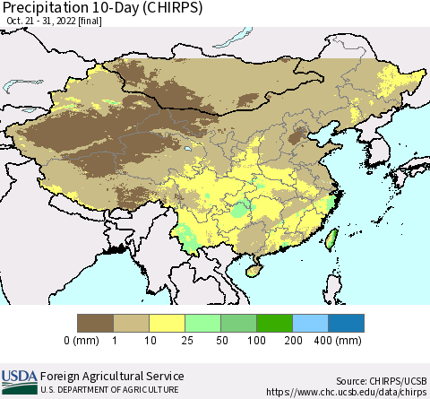 China, Mongolia and Taiwan Precipitation 10-Day (CHIRPS) Thematic Map For 10/21/2022 - 10/31/2022