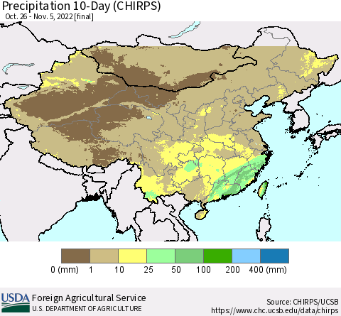 China, Mongolia and Taiwan Precipitation 10-Day (CHIRPS) Thematic Map For 10/26/2022 - 11/5/2022