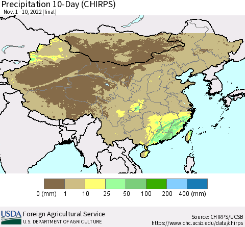 China, Mongolia and Taiwan Precipitation 10-Day (CHIRPS) Thematic Map For 11/1/2022 - 11/10/2022