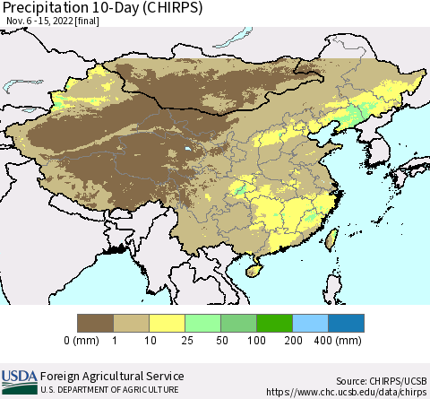 China, Mongolia and Taiwan Precipitation 10-Day (CHIRPS) Thematic Map For 11/6/2022 - 11/15/2022