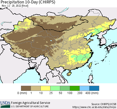 China, Mongolia and Taiwan Precipitation 10-Day (CHIRPS) Thematic Map For 11/11/2022 - 11/20/2022