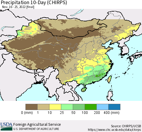 China, Mongolia and Taiwan Precipitation 10-Day (CHIRPS) Thematic Map For 11/16/2022 - 11/25/2022