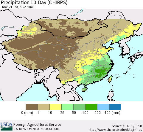 China, Mongolia and Taiwan Precipitation 10-Day (CHIRPS) Thematic Map For 11/21/2022 - 11/30/2022