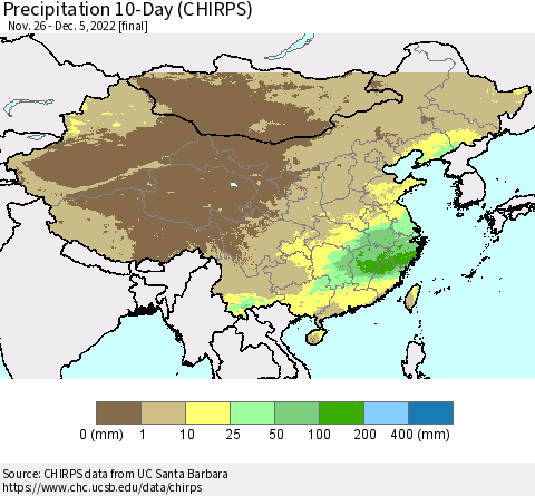 China, Mongolia and Taiwan Precipitation 10-Day (CHIRPS) Thematic Map For 11/26/2022 - 12/5/2022