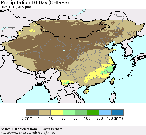China, Mongolia and Taiwan Precipitation 10-Day (CHIRPS) Thematic Map For 12/1/2022 - 12/10/2022