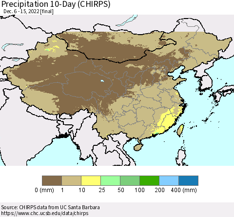 China, Mongolia and Taiwan Precipitation 10-Day (CHIRPS) Thematic Map For 12/6/2022 - 12/15/2022