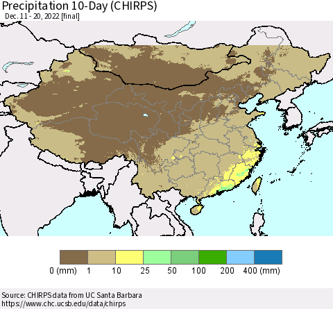 China, Mongolia and Taiwan Precipitation 10-Day (CHIRPS) Thematic Map For 12/11/2022 - 12/20/2022