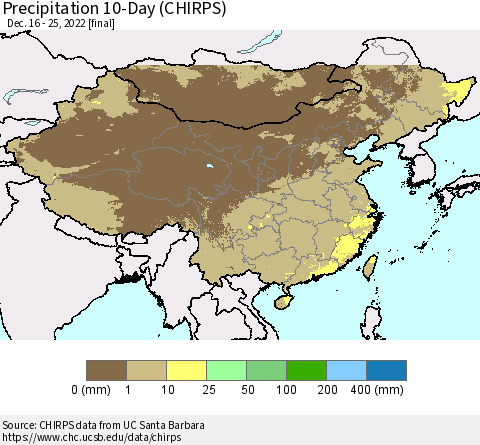 China, Mongolia and Taiwan Precipitation 10-Day (CHIRPS) Thematic Map For 12/16/2022 - 12/25/2022